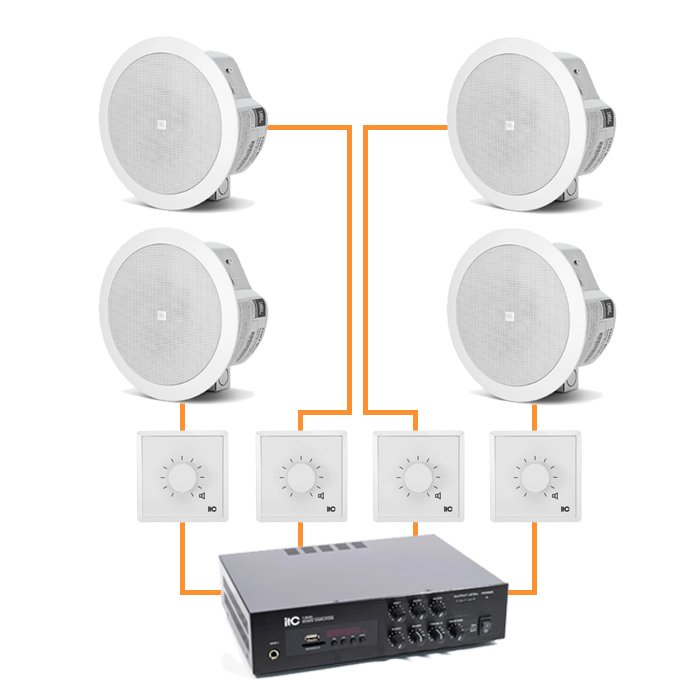 Акустика для ресторана 4 потолочных динамика JBL Control 24CT Micro белый | регулятор
